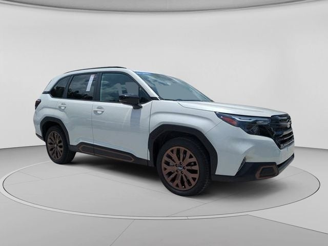 2026 Subaru Forester Sport in Crystal White Pearl — front three-quarter view